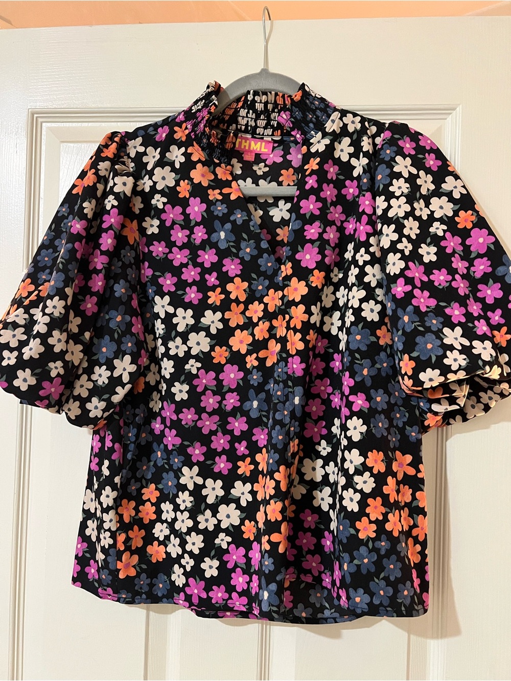 THML Black Floral Puff-Sleeve V-Neck Top with Pink, Orange & White Flowers